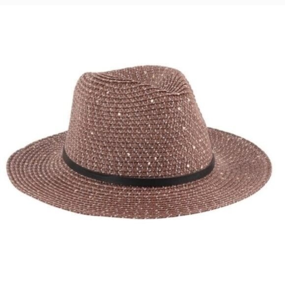 Wide Brim Brown Straw Fedora Hat W/ Black Band & Gold Accent-NEW - Picture 3 of 3